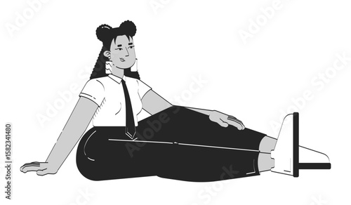 Confident employee latina woman sitting casually on floor doodle linear character. Relaxed office worker hispanic female 2D vector outline person isolated. Hand drawn drawing illustration monochrome