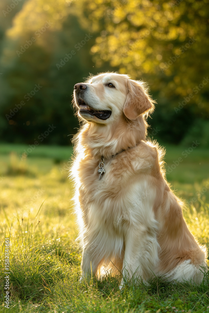 A golden retriever is sitting peacefully in a sunlit meadow with lush green trees in the background A golden retriever is sitting peacefully in a sunlit meadow with lush green trees in the background