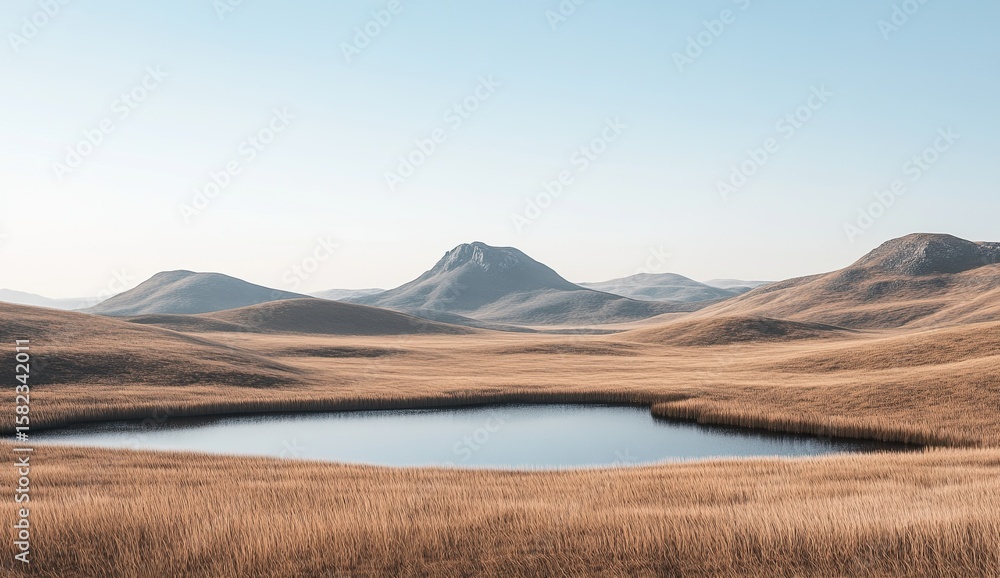 Obraz premium A landscape, with brown and grey hills, blue sky, and a small lake in the foreground