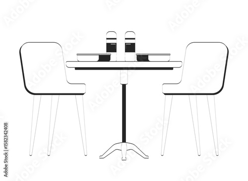 Office cafeteria lunchtime lunch boxes doodle linear object. Breaktime with two chairs table, meal prep thermos 2D vector outline clip art drawing isolated on white. Hand drawn sketch illustration