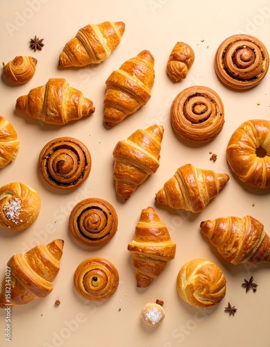 Top view of golden baked pastries—croissants, cinnamon rolls, and puff pastries artfully arranged on a warm beige background for a cozy, inviting feel.