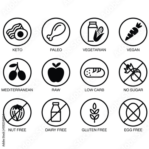 black diets pictogram set with comments isolated vector illustration
