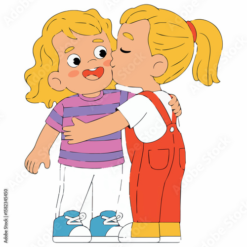 Illustration of two cute blonde girls hugging and kissing friendship love affection adorable art vector