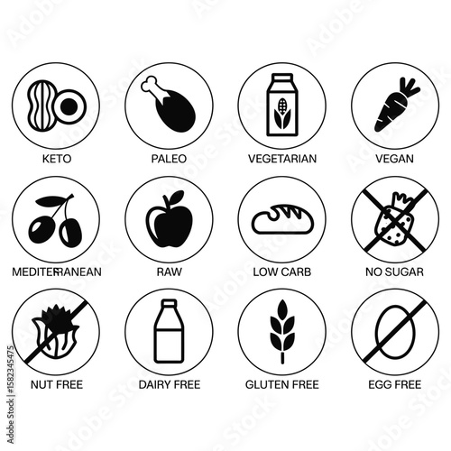 black diets pictogram set with comments isolated vector illustration
