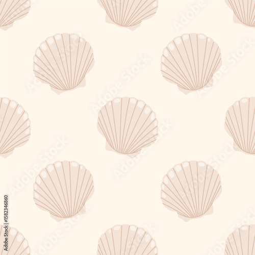 Sea shell scallop. Seamless pattern with seashells on a light cream background. For summer textiles and beach designs.