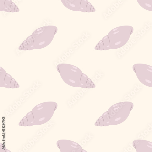 Seamless pattern with stylized purple seashells on a cream background. For summer textiles and beach designs.