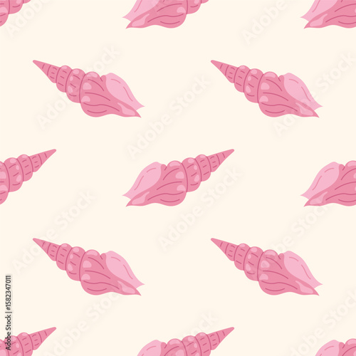Seamless pattern with stylized pink seashells on a light cream background. For summer textiles and beach designs.