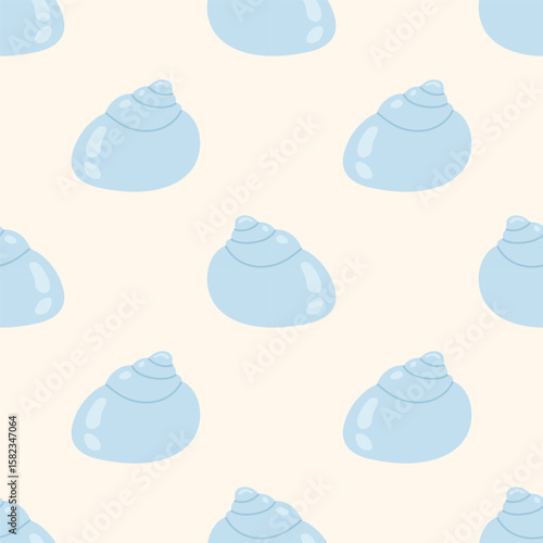Seamless pattern with stylized blue seashells on a light cream background. For summer textiles and beach designs.