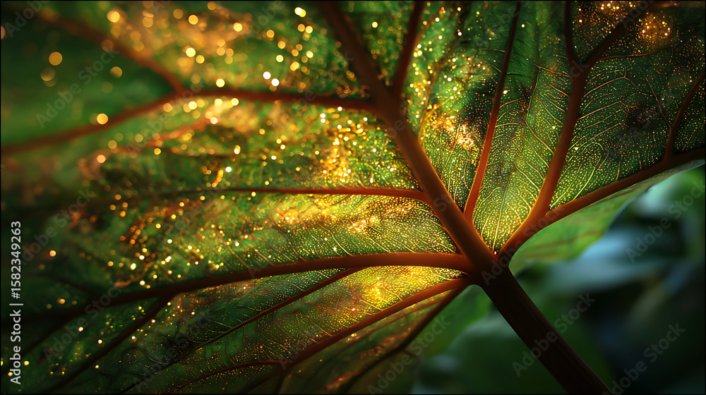 Obraz premium Sunlit veins and patterns create a magical texture on a translucent green leaf, showcasing nature's beauty in this stunning botany exploration.
