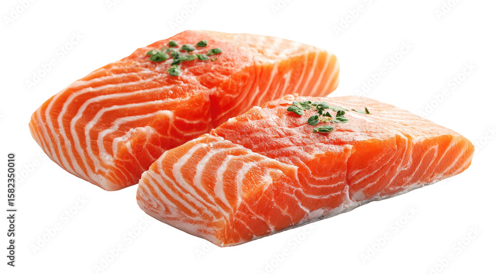 Fresh Salmon Fillets with Garnish on Transparent Background Fresh Salmon Fillets with Garnish on Transparent Background