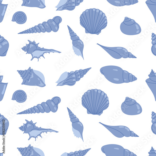 Marine seamless pattern with seashells. Sea print. Tropical vacation, beach and ocean concept. Vector background perfect for prints, fabric, textile, wallpaper, wrapping