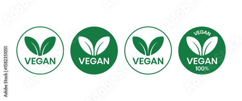 Vegan round icons set. Vegan food sign with leaves. Logo. Tag for cafe restaurants packaging design. Bio, Ecology, Organic Logos and Badges, Label. Vega