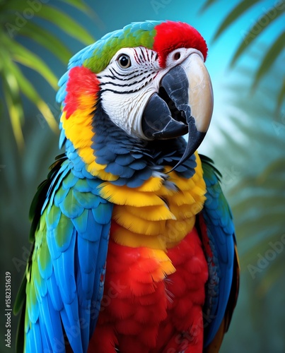 portrait of a colorful macaw parrot with vibrant feathers. Background gradient of tropical green to sky blue