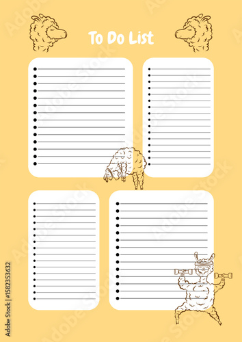 A daily planner, a notepad with outlines of llamas and alpacas.