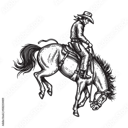 Cowboy Riding a Bucking Bronco Horse Rodeo engraving vector illustration