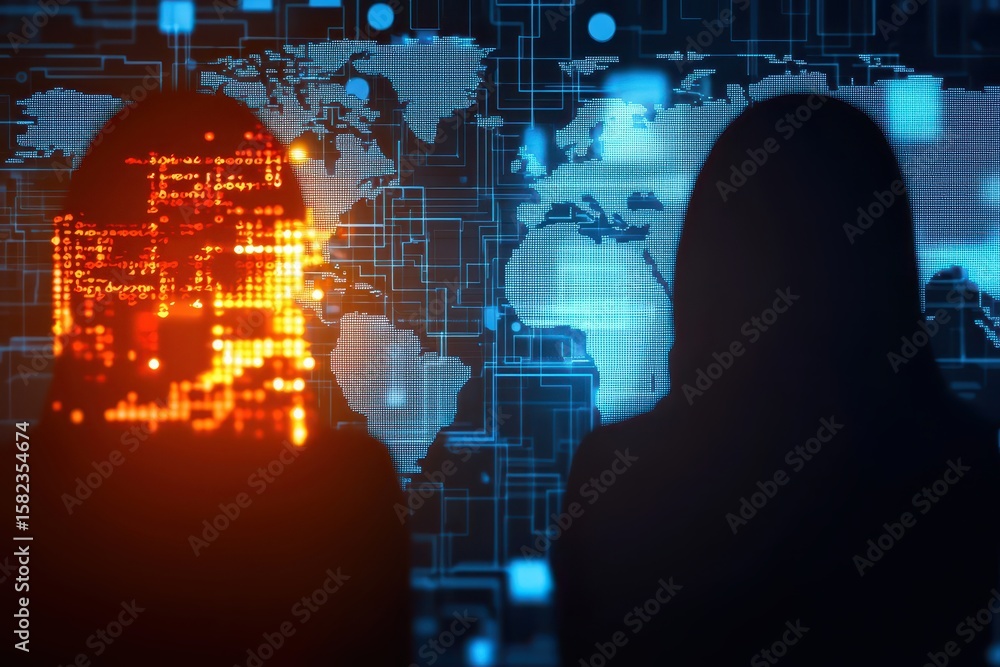 Fototapeta premium Engineer network telecom concept. Two silhouettes against a digital world map with glowing data patterns.