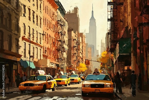 A painting of a New York City street with cabs and people, buildings in the background