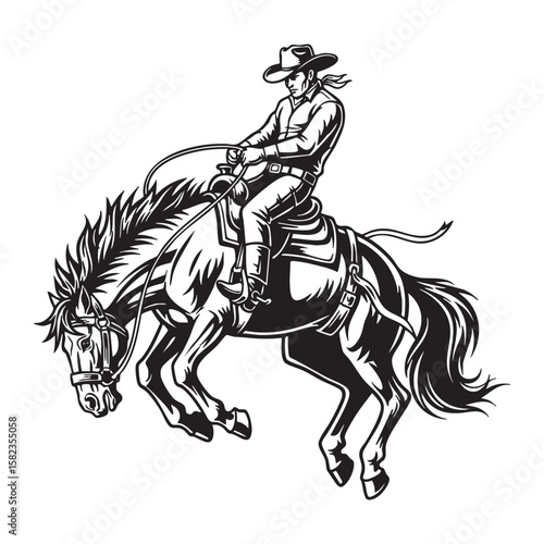 Cowboy Riding a Bucking Bronco Horse Rodeo engraving vector illustration