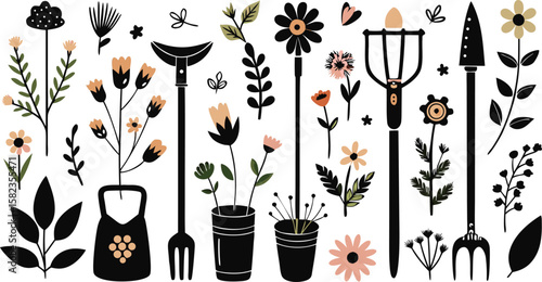 "Vintage Garden Tools Wildflowers Cottagecore Illustration Botanical Print Rustic Aesthetic"