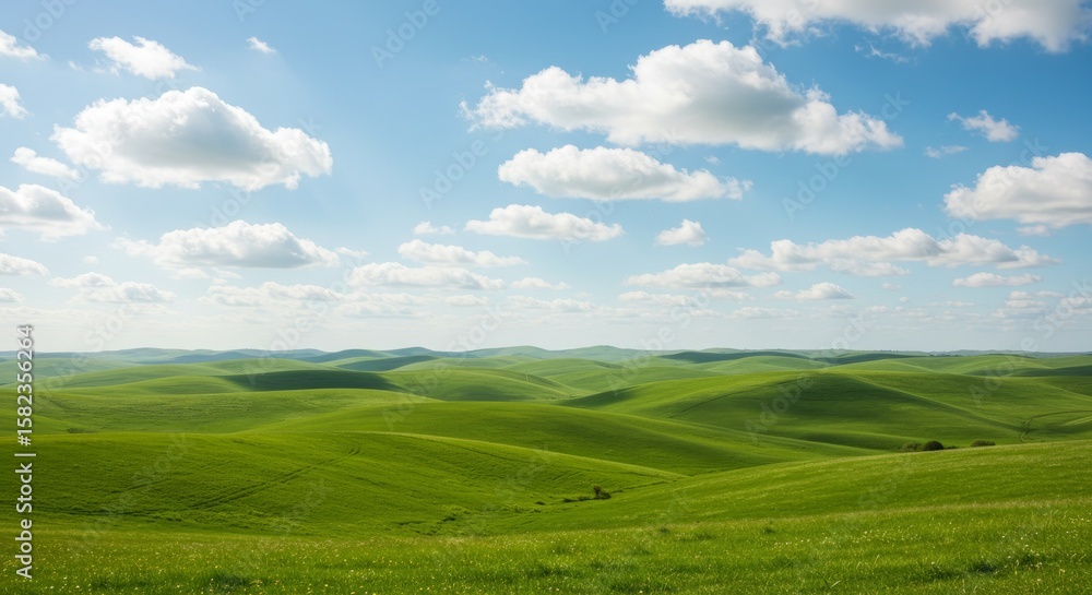 Fototapeta premium Rolling green hills stretch to the horizon under a bright, partly cloudy sky.