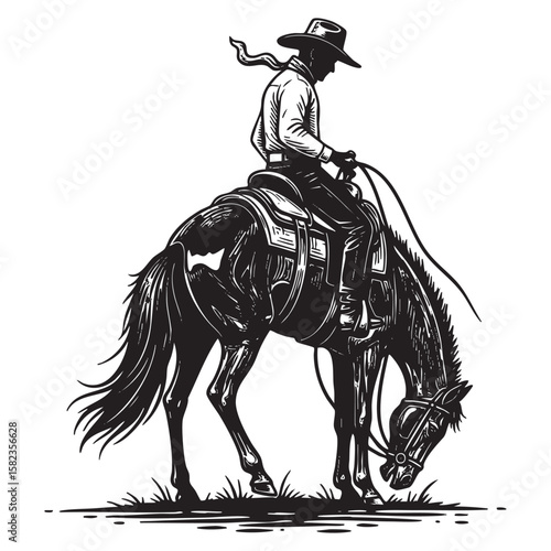 Cowboy Riding a Bucking Bronco Horse Rodeo engraving vector illustration