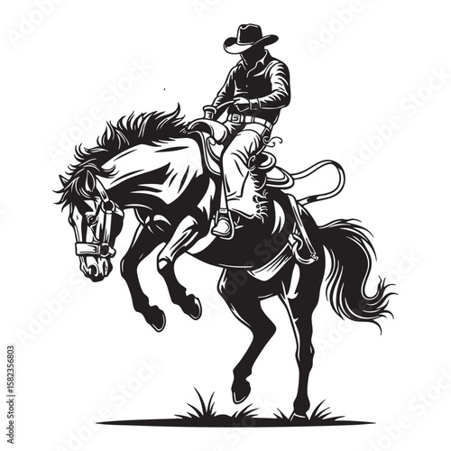 Cowboy Riding a Bucking Bronco Horse Rodeo engraving vector illustration