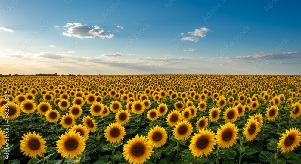 Obraz premium Vast field of vibrant sunflowers under a bright blue sky with fluffy clouds, a beautiful landscape.