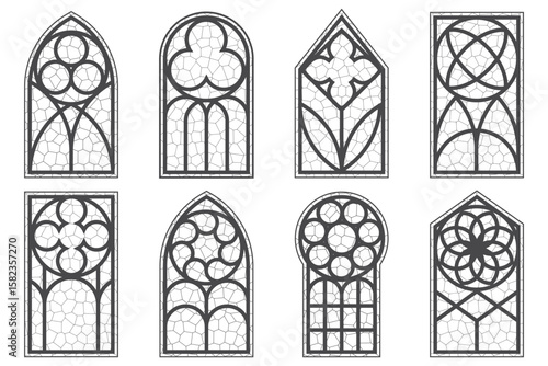 Gothic church windows with arched frames and stained glass. Medieval vintage pattern. Cathedral architecture decorations geometric ornaments. Christian chapel interior with outlines antique engravings
