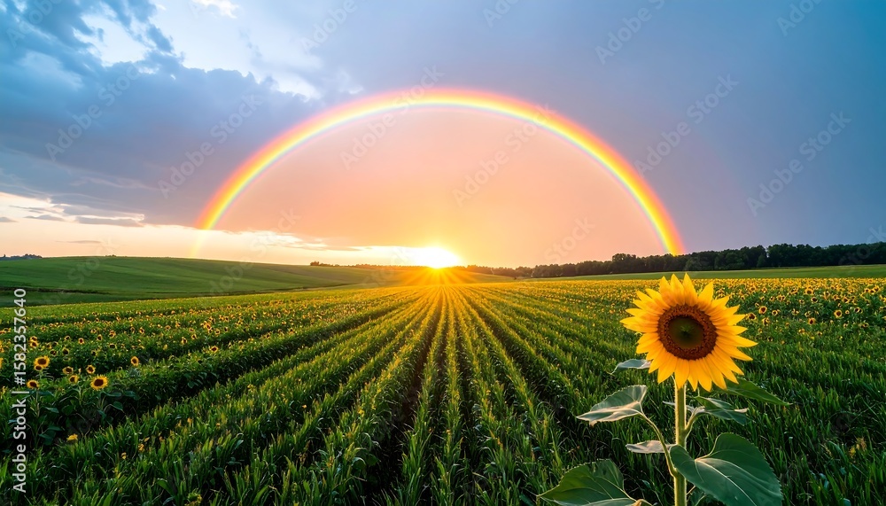 Naklejka premium Sunflowers field at sunset with rainbow
