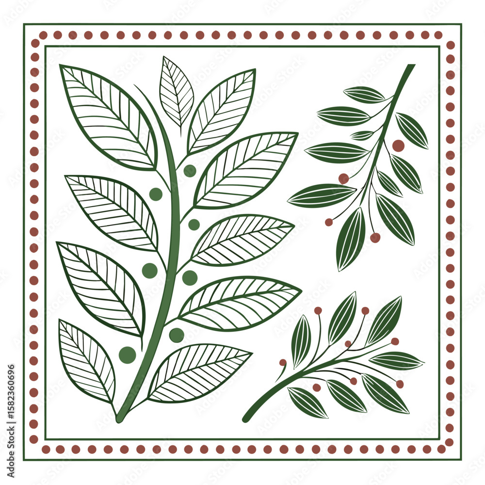 Fototapeta premium Illustration of leafy branches with berries in a square frame with dotted border design element style