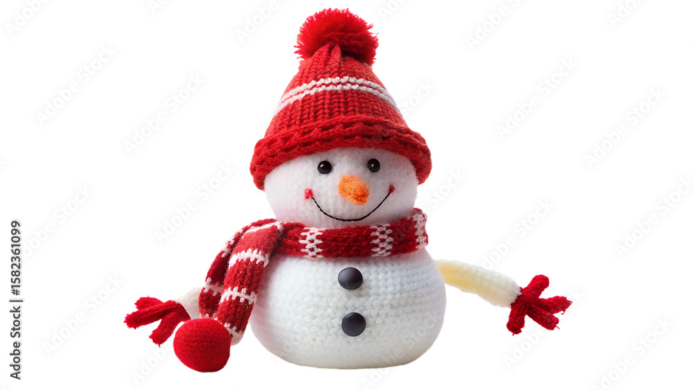 Fototapeta premium A cute snowman wearing a red hat and scarf is isolated on transparent background for the winter holidays