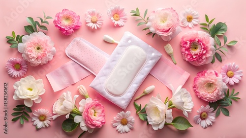 Feminine Hygiene Products and Floral Arrangement on Pink Background