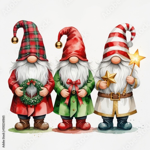 Adorable Watercolor Gnomes with Christmas Decorations, White Background