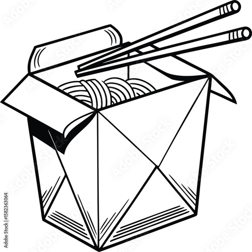 A stylized noodle box drawing showcases a takeout food container with chopsticks in a minimal, monochrome culinary design.