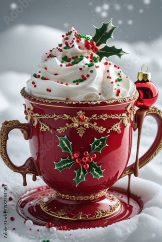 Festive Christmas Coffee Cup with Whipped Cream and Holly Decoration