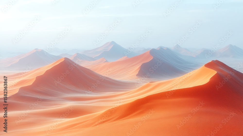 Naklejka premium Misty sunrise over rolling desert sand dunes