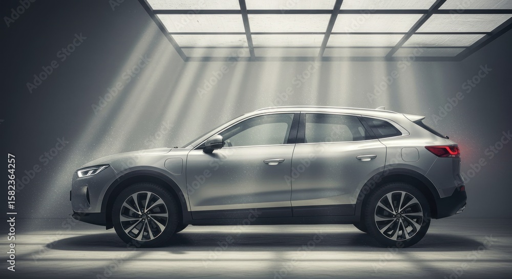 Obraz premium Sleek silver suv bathed in radiant beams showcasing modern automotive design and engineering