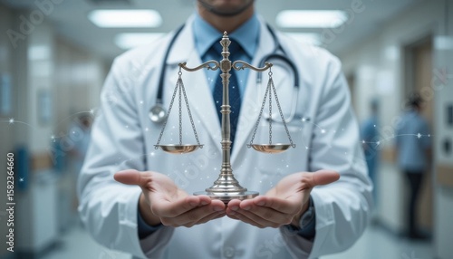 Doctor holding scales of justice, symbolizing medical ethics and fairness
