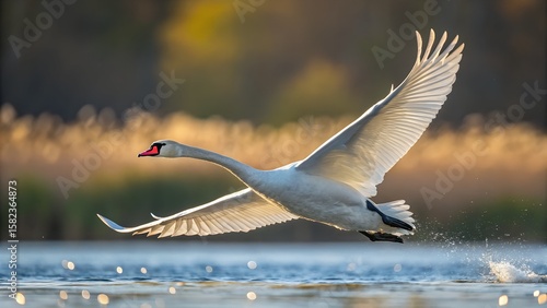 Fototapeta Naklejka Na Ścianę i Meble -  Graceful Swan in Flight Flying with Spread Wings and Colorful Blurred Background