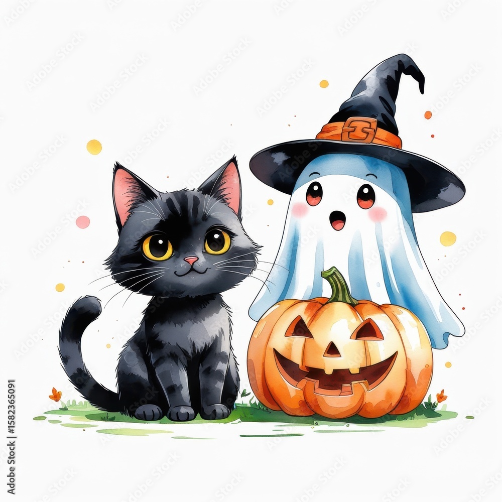 Fototapeta premium Cute Halloween Watercolor Illustration: Black Cat, Ghost, & Jack-o'-Lantern