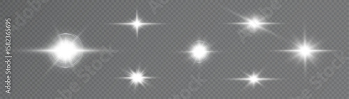 Collection of vector white flashes and shining stars on transparent background. Glow effects for holiday designs, magic illustrations, advertising and UI elements.