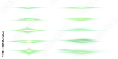 Set of vector light bursts and horizontal green glow glares on white background (png). Abstract elements for digital design, interfaces and visual overlay effects.