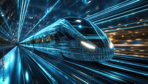 A high-speed train in motion, made of digital data and code. The background is dark blue with light streaks and lights. In the foreground,