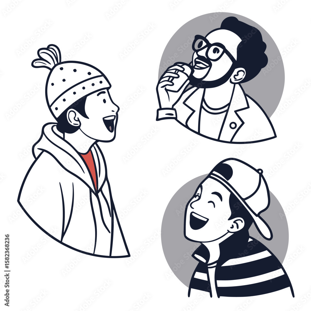 Obraz premium Three illustrations of young men with different styles laughing and looking upwards in a cheerful mood