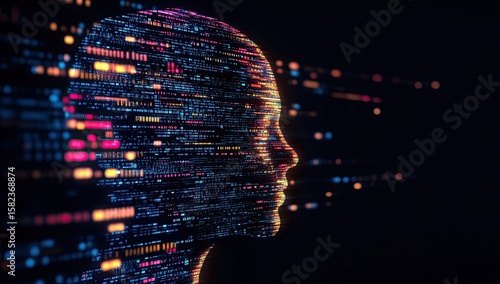 A profile view of an AI head composed entirely from digital code, with glowing lines representing data flowing through it against a black background