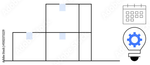 Stacked shipping boxes with labels, calendar representing scheduling, and gear inside lightbulb signifying innovation and strategic planning. Ideal for logistics, supply chain, scheduling