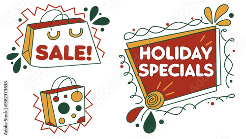 Illustration of holiday specials sign and sale shopping bags with decorative elements on a white background