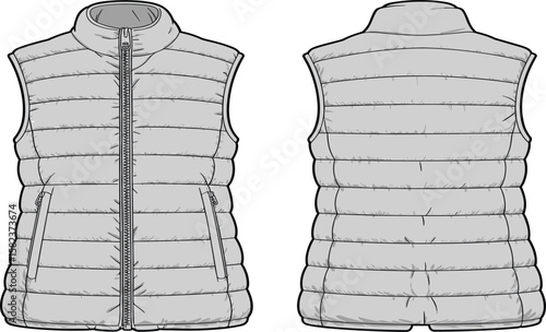 Stylish Puffer Vest CAD Drawing, Flat Vector Illustration, Front and Back View, Sleeveless Winter Garment Design, Fashion Technical Sketch