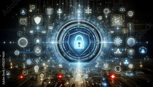 Wallpaper Mural Cybersecurity threat alert with digital warning icons and AI symbols on a futuristic tech background concept for data protection and risk management. 3D Rendering Torontodigital.ca