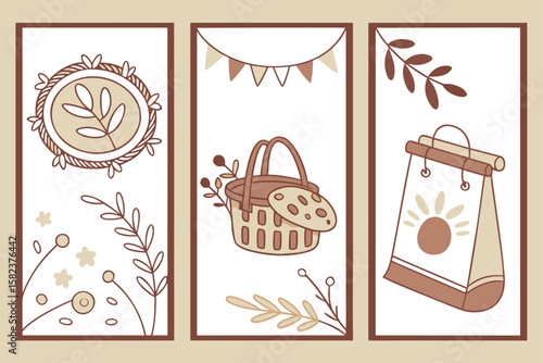 Three framed illustrations featuring floral wreath, picnic basket and a decorative hanging scroll design